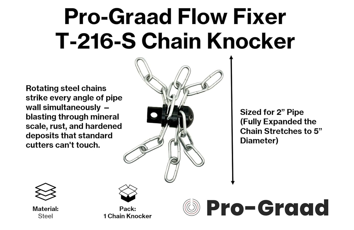 Pro-Graad FlowFixer T-216-S 2" Chain Knocker Drain Cleaning Head Slotted Connector | Heavy Scale Removal | Fits 3/8”, 1/2" or 9/16” Cables, Commercial & Residential Use