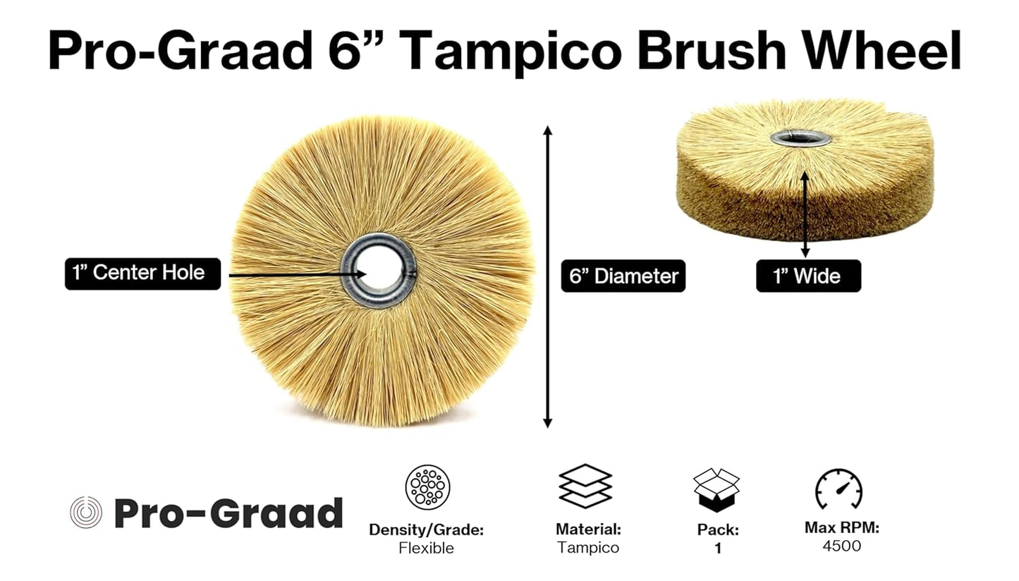 Pro-Graad 6” Tampico Wheel Brush, Natural Fiber Cleaning & Polishing Wheel for Bench Grinders, 1” Brush Width, 1” Arbor Hole, 2-1/2” Trim Length, Light to Medium Duty Scrubbing & Finishing