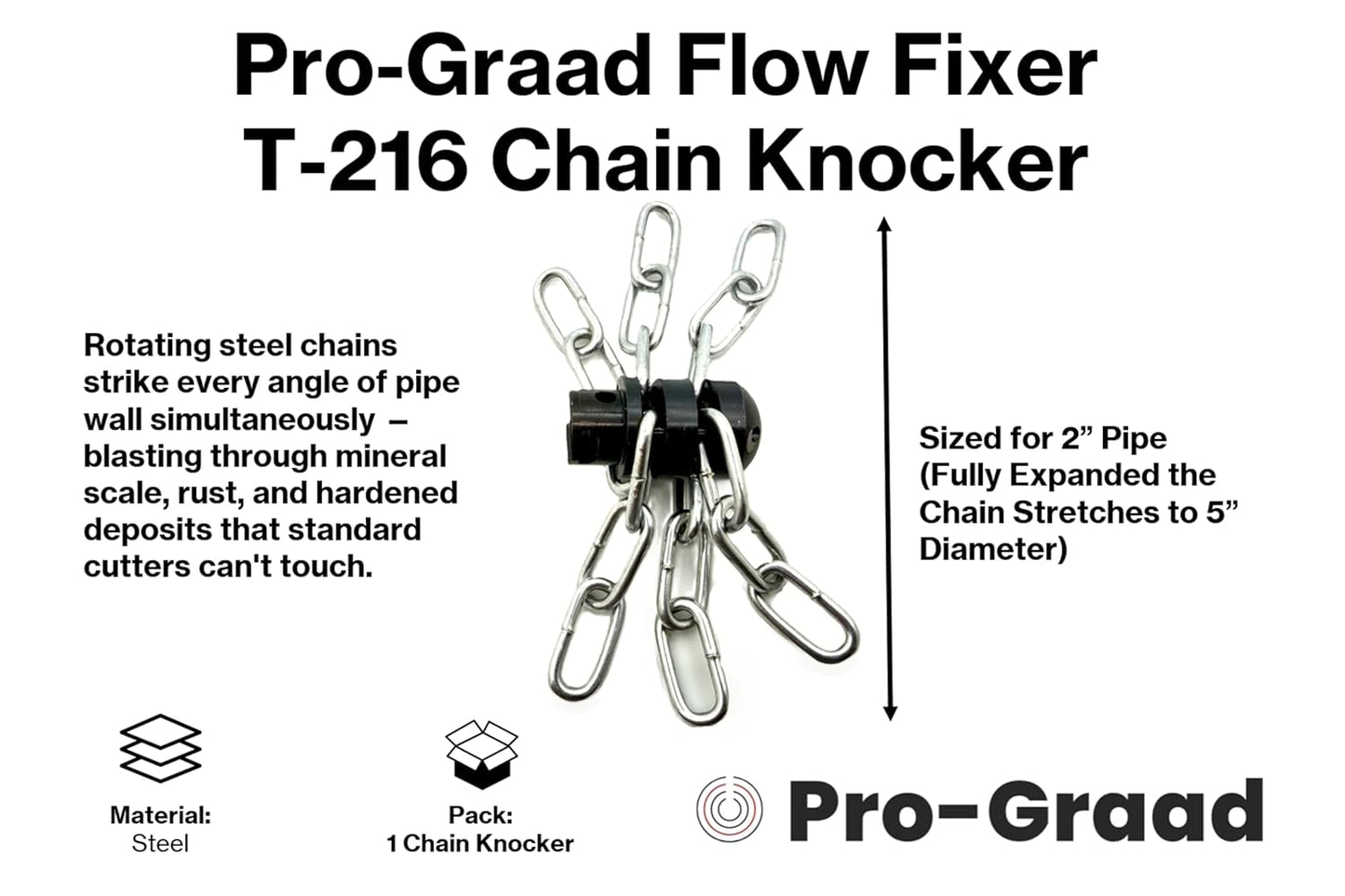 Pro-Graad FlowFixer T-216 2" Chain Knocker Drain Cleaning Head | Heavy Scale Removal | Compatible Fit RIDGID K-50 K-400 K-3800 | C-4 C-6 C-7 C-8 C-9 Cables, Commercial & Residential Use, 63060