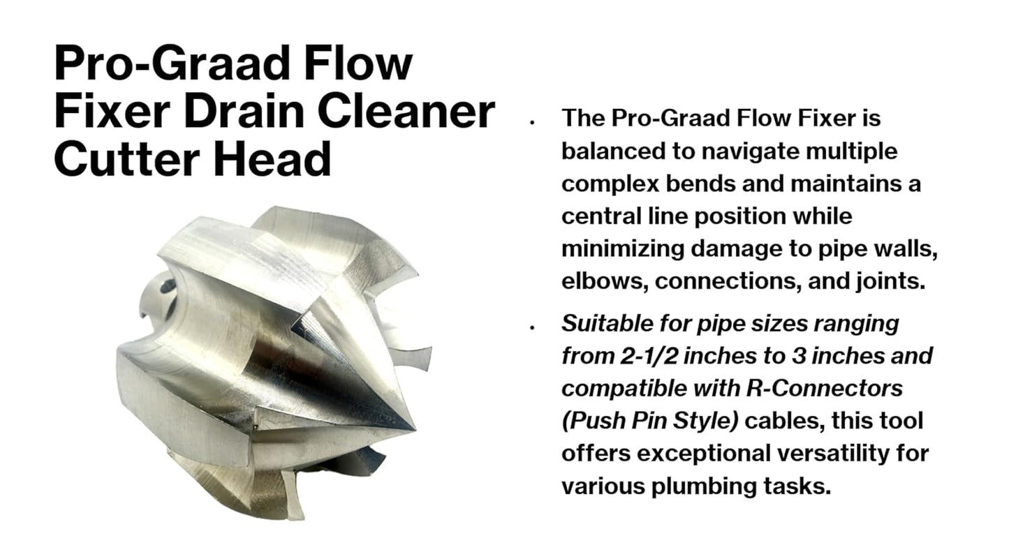 Pro-Graad 2” Flow Fixer Drain Cleaner Plumbing Snake Cutter Head for 2-1/2" - 3" Pipes, Clears & Scrapes Pipe Inner Walls, with R-Connector (Push Pin Fitting), for Commercial & Residential Use
