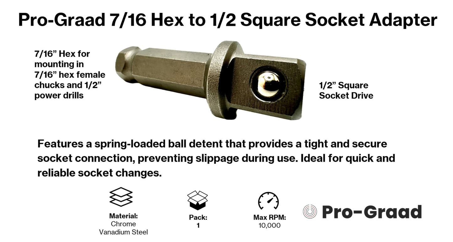 Pro-Graad 7/16 Hex to 1/2 Square Socket Adapter Drive Converter, Impact Driver Bit, Spring Ball Retainer, 2” Extension, 7/16” to 1/2” Impact Adapter, Works with 7/16 Impact Driver & 1/2 Electric Drill