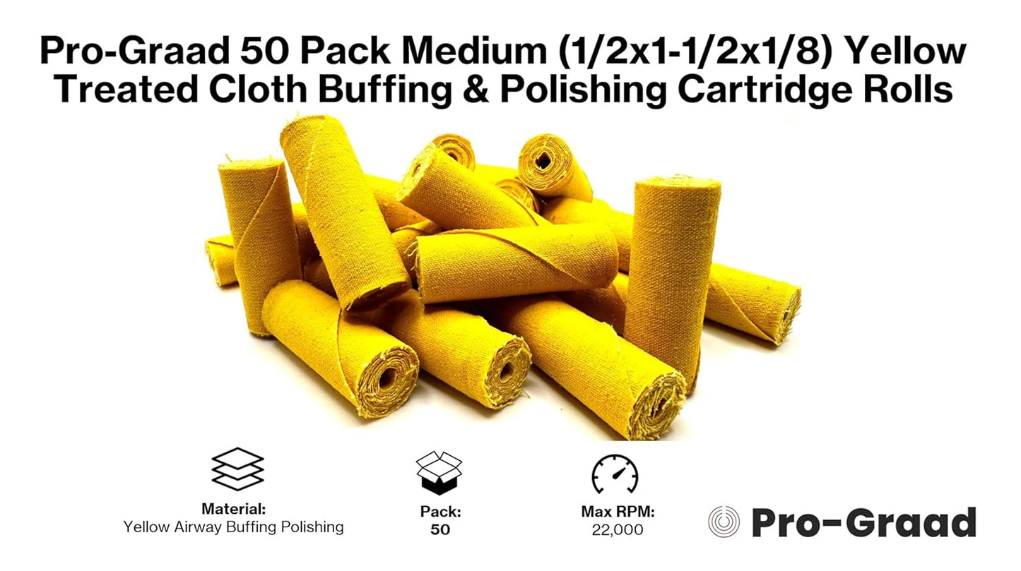 Pro-Graad 50 Pack 1/2x1-1/2x1/8 Yellow Treated Cloth Buffing & Polishing Cartridge Rolls, Ideal for Detail Polishing Hard to Reach Areas