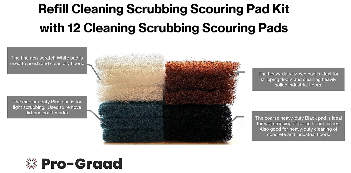 Pro-Graad 12 Piece Refill Cleaning Scrubbing Scouring Pad Kit with 3X of 4 Different 10 x 4.5in Utility Cleaning Scrubber Scouring Pads | White Blue Brown Black | Compatible with Doodlebug Pad Holder