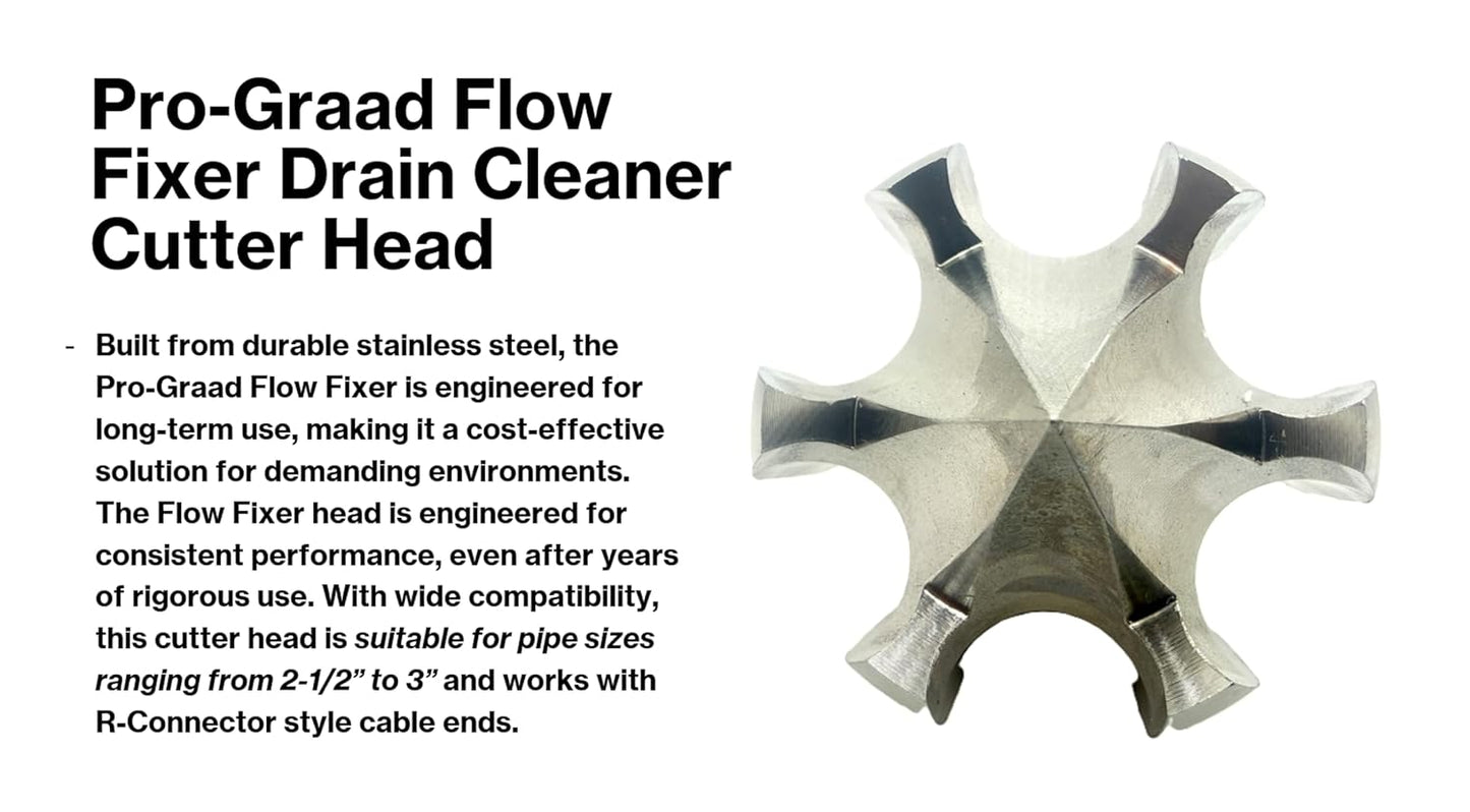 Pro-Graad 2” Flow Fixer Drain Cleaner Plumbing Snake Cutter Head for 2-1/2" - 3" Pipes, Clears & Scrapes Pipe Inner Walls, with R-Connector (Push Pin Fitting), for Commercial & Residential Use