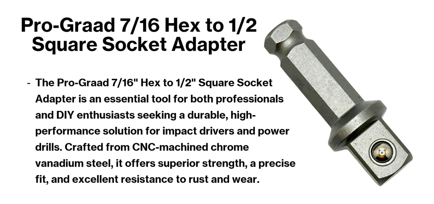 Pro-Graad 7/16 Hex to 1/2 Square Socket Adapter Drive Converter, Impact Driver Bit, Spring Ball Retainer, 2” Extension, 7/16” to 1/2” Impact Adapter, Works with 7/16 Impact Driver & 1/2 Electric Drill