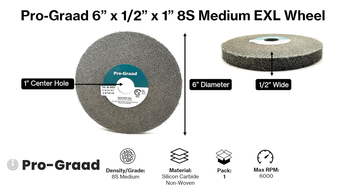Pro-Graad EXL Deburring Wheel - 6" x 1/2" x 1" 8S Medium - Silicon Carbide - Metal Deburring, Finishing and Polishing Wheel - Convolute - 1 Pack