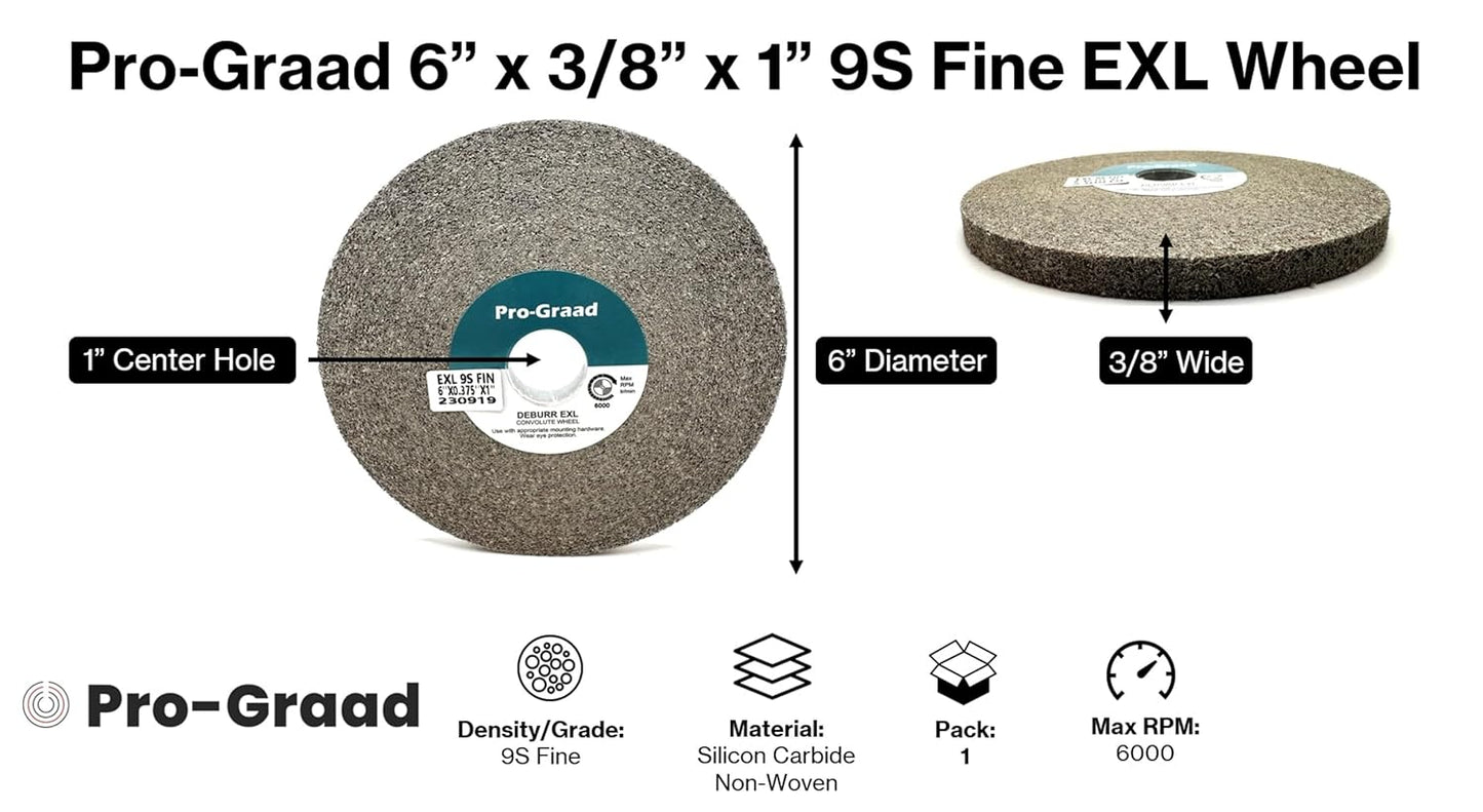 Pro-Graad EXL Deburring Wheel - 6" x 3/8" x 1" 9S Fine Grit - Silicon Carbide - Metal Deburring, Finishing and Polishing Wheel - Convolute - 92873 - (1 Pack)