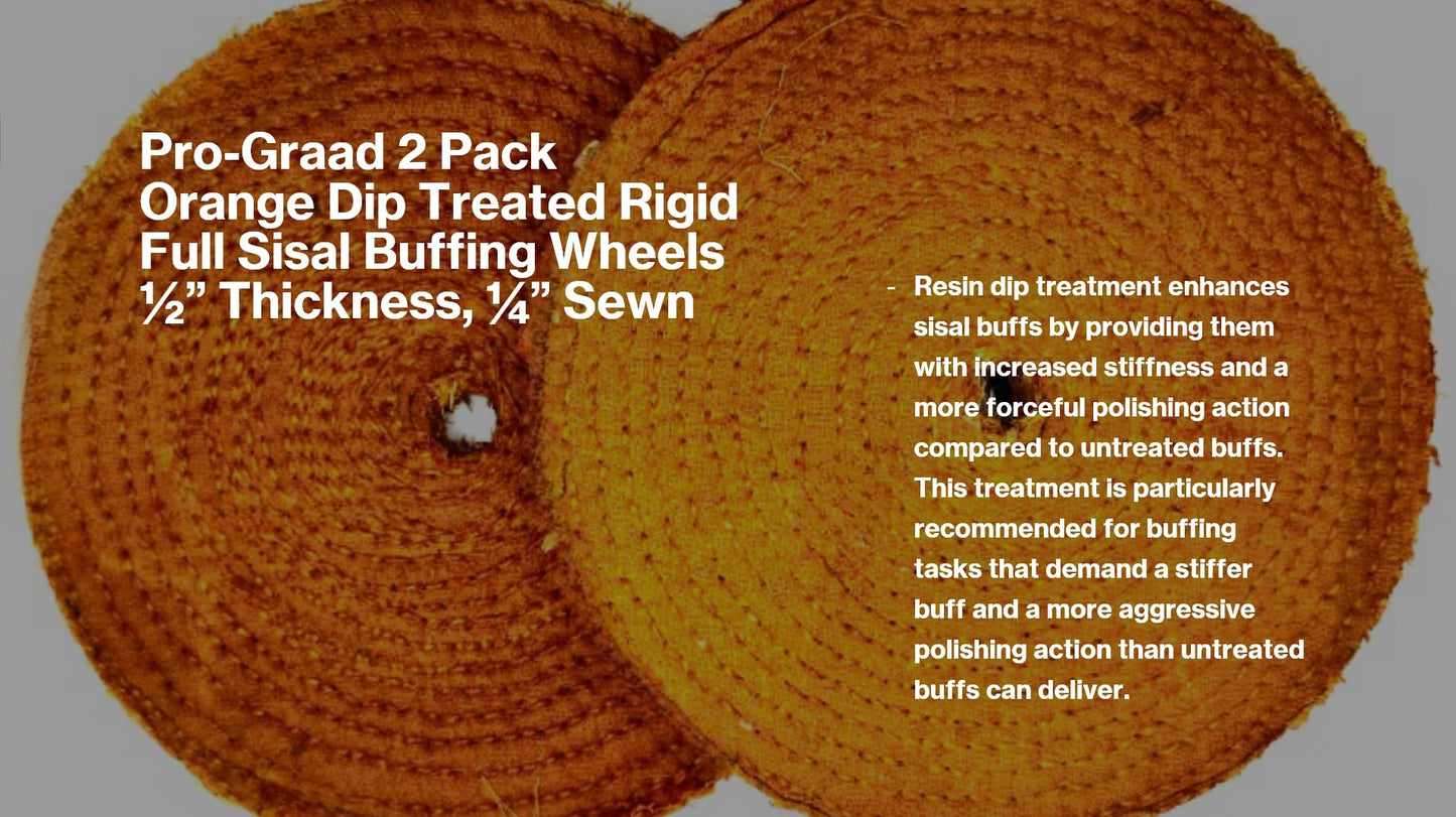 Pro-Graad 8 inch Orange Dip Treated Rigid Full Sisal Buffing Wheel, 5/8 inch Arbor Hole, 1/2 inch Thickness, 1/4 inch Sewn, for Cut Buffing Steel, Stainless Steel, Ferrous Metals, 2 Pack