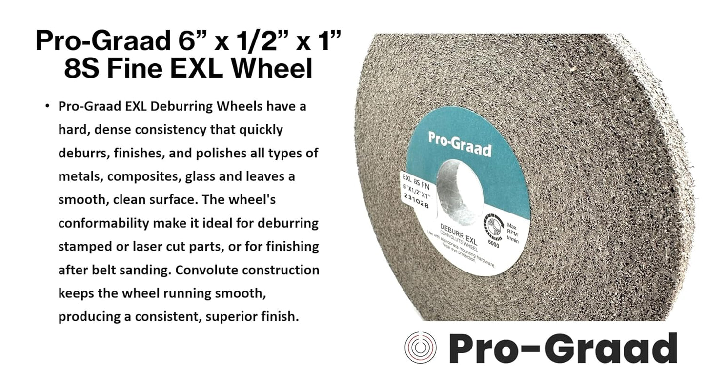 Pro-Graad EXL Deburring Wheel - 6" x 1/2" x 1" 8S Fine - Silicon Carbide - Metal Deburring, Finishing and Polishing Wheel - Convolute - 1 Pack