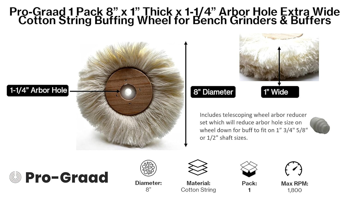 Pro-Graad 8 inch String Buffing Wheel, 1” Thick String Buff for Polishing Plastic, Turn Signals, Tail Light Lenses, Side Markers to Shiny Finish, Includes Adapter to fit on 1", 3/4, 5/8, 1/2 Shaft