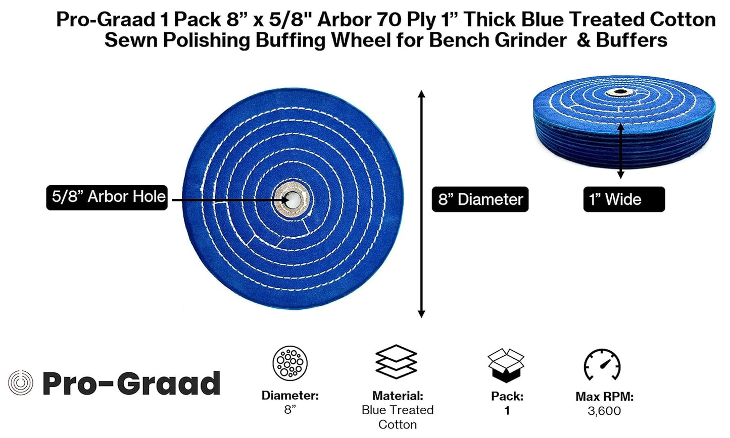 Pro-Graad 1 Pack Extra Thick Buffing Polishing Wheel 8 inch Blue Treated Cotton Medium, 70 Ply – 1” Thick with 5/8 inch Arbor Hole for Bench Grinder – Ideal for Middle Step Buffing – Pack of 1