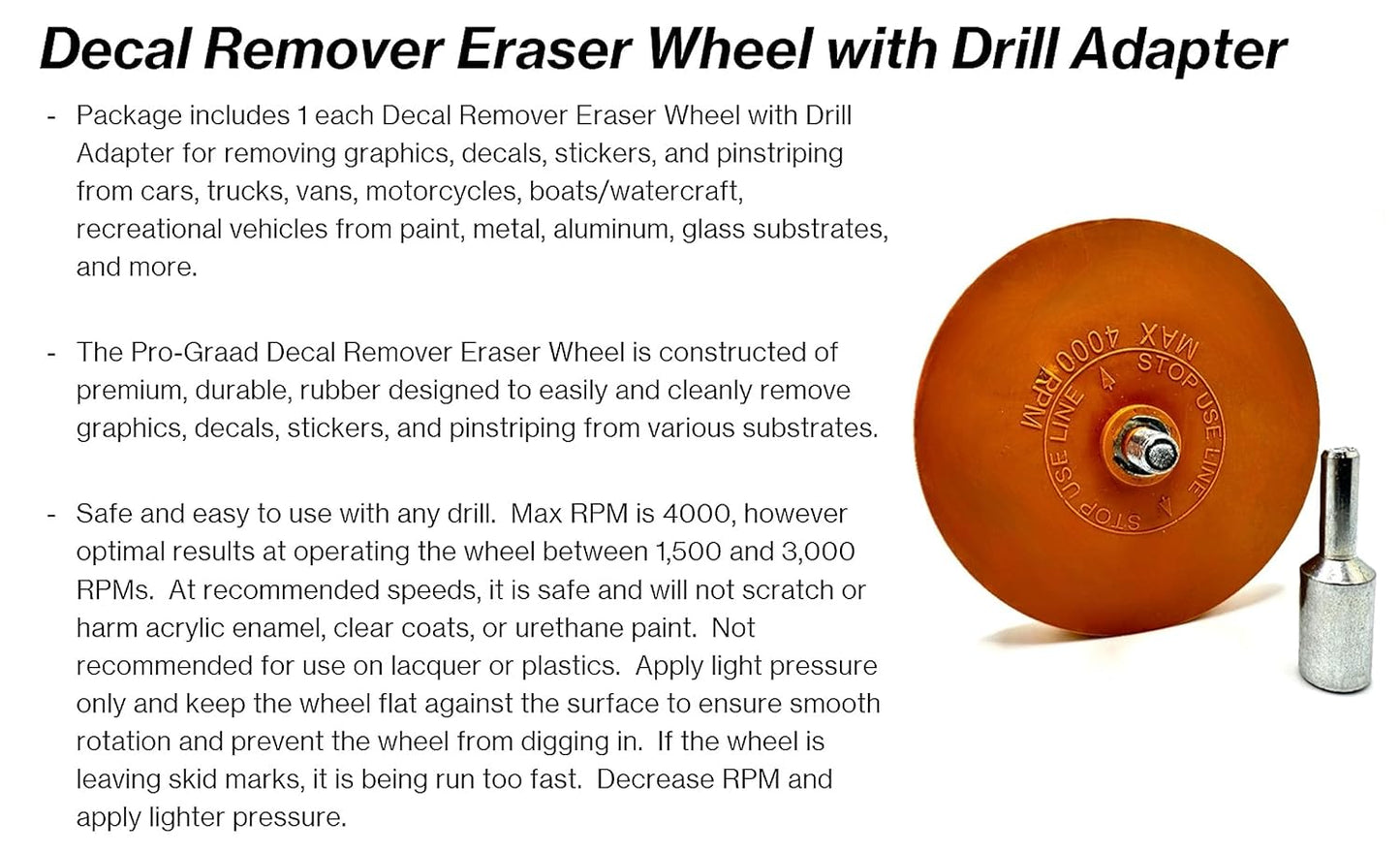 Pro-Graad Decal Remover Eraser Wheel | Solid Rubber Eraser Wheel with Drill Adapter | Removes Graphics, Vinyl Decals, Stickers, Pinstripes, Car Emblems | Adhesive Remover