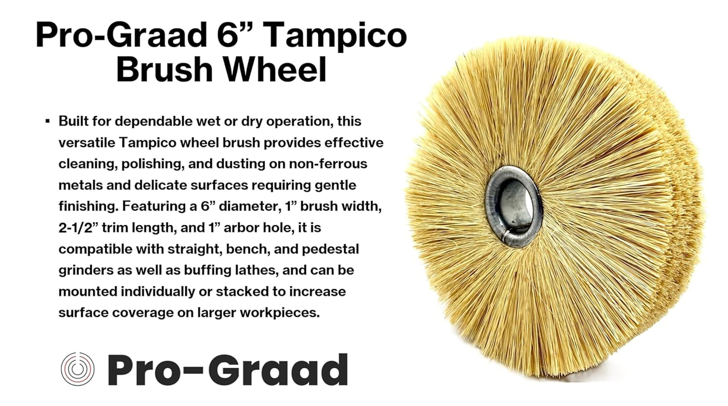 Pro-Graad 6” Tampico Wheel Brush, Natural Fiber Cleaning & Polishing Wheel for Bench Grinders, 1” Brush Width, 1” Arbor Hole, 2-1/2” Trim Length, Light to Medium Duty Scrubbing & Finishing