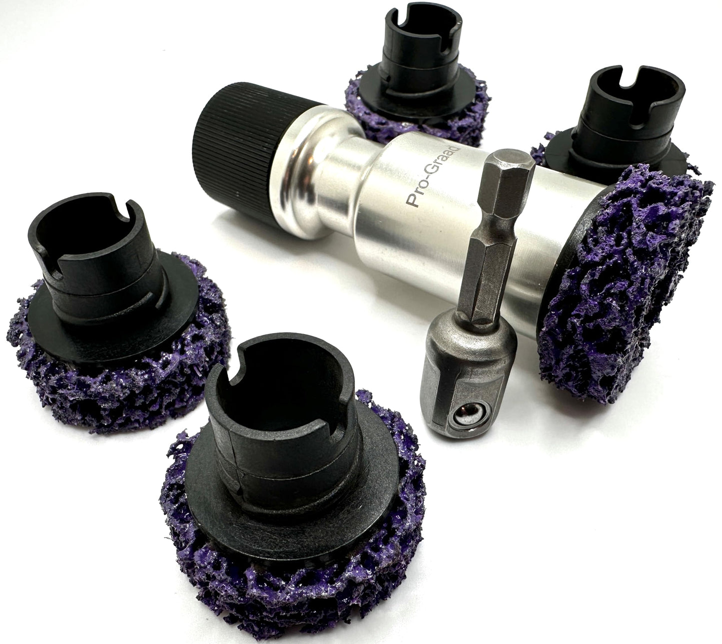 Pro-Graad 7 Piece 1-1/2” Brake Hub Cleaning Disc Kit, Impact Driven Tool Resurfacing Hub, Rotor, Stud, Wheel Rust Removal Cleaner, Kit Includes 5X Cleaning Pad Discs, 1x Tool Holder, 1x Drill Adapter