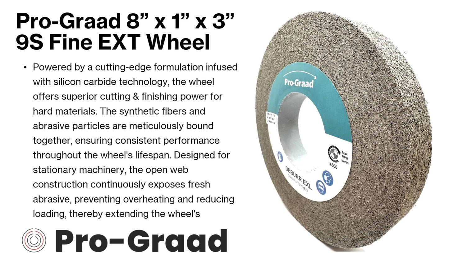 Pro-Graad EXT Deburring Wheel 8" x 1" x 3" 9S Fine Grit - Silicon Carbide - Metal Deburring, Finishing and Polishing Wheel – Excels on Titanium, Stainless & Tough Alloys - Convolute - (1 Pack)