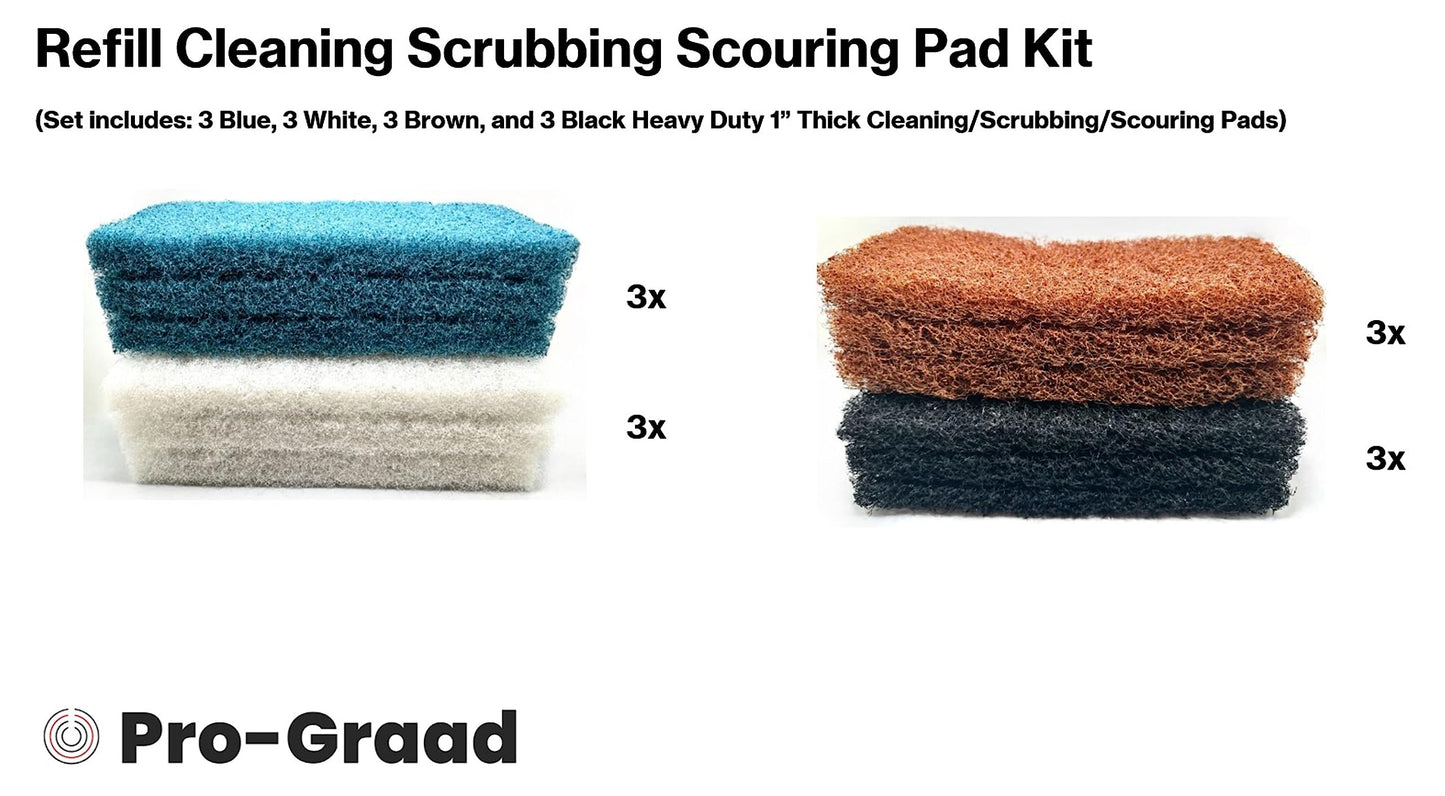 Pro-Graad 12 Piece Refill Cleaning Scrubbing Scouring Pad Kit with 3X of 4 Different 10 x 4.5in Utility Cleaning Scrubber Scouring Pads | White Blue Brown Black | Compatible with Doodlebug Pad Holder