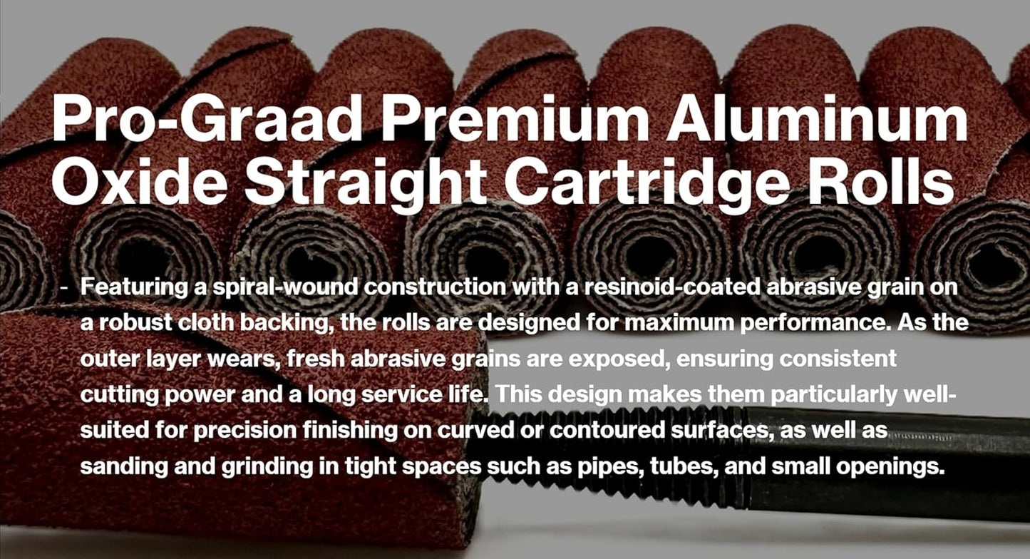Pro-Graad 1/2” Diameter x 1-1/2” Length x 1/8” Pilot Hole 80 Grit Aluminum Oxide Straight/Untapered Cartridge Roll, 50 Pack, Includes 1x CR-9 Mandrel