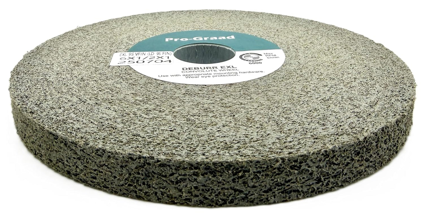 Pro-Graad EXL Deburring Wheel - 6" x 1/2" x 1" 9S Very Fine (400) Grit - Silicon Carbide - Metal Deburring, Finishing and Polishing Wheel - Convolute - (1 Pack)