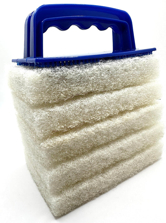 Handled Bath Scrubber 6 Piece Heavy Duty Cleaning Scrub Sponge Brush Bathroom Scouring Pads White Non-Scratch Remove Soap Scum Cleaning Shower Tile Bathtub Sink Pools Hot Tubs Waterline Steps Corners