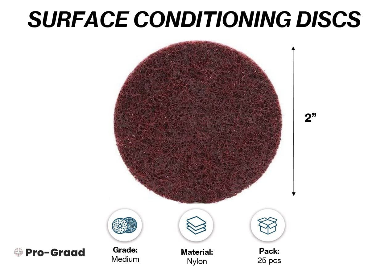 Pro-Graad 2" Quick Change Non-Woven Nylon Surface Conditioning Discs for Deburring Sanding Blending Polishing Paint Removal with Male R-Type Backing Use with Die Grinder - Red (Medium) - (25 Pack)