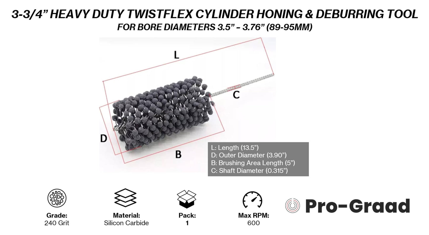 Pro-Graad TwistFlex Heavy Duty Cylinder Hone, 3-3/4" 240SC Flexible Cylinder Honing & Deburring Tool, 3.75" Bore Brush for Hole Diameters 3.5"- 3.76", Silicon Carbide 240 Grit, 13.5" Length (1 Pack)