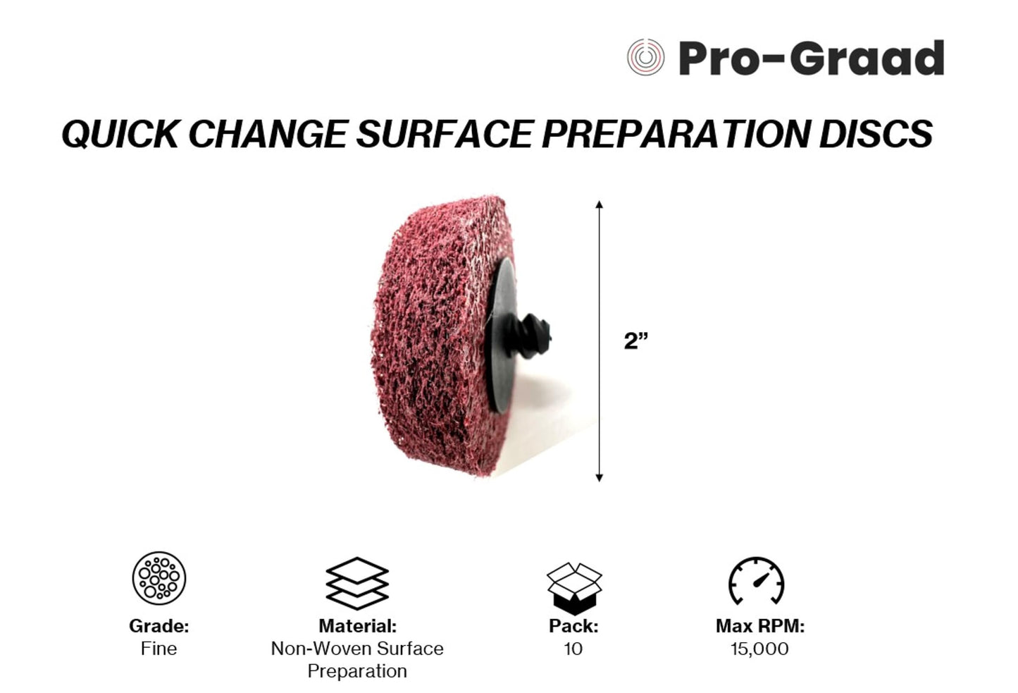 Pro-Graad 2" Quick Change Non-Woven Surface Preparation Discs for Deburring, Blending, Cleaning, Finishing, Polishing | Male R-Type Backing | Die Grinder Discs | (10 Pack) | (Red - Fine)