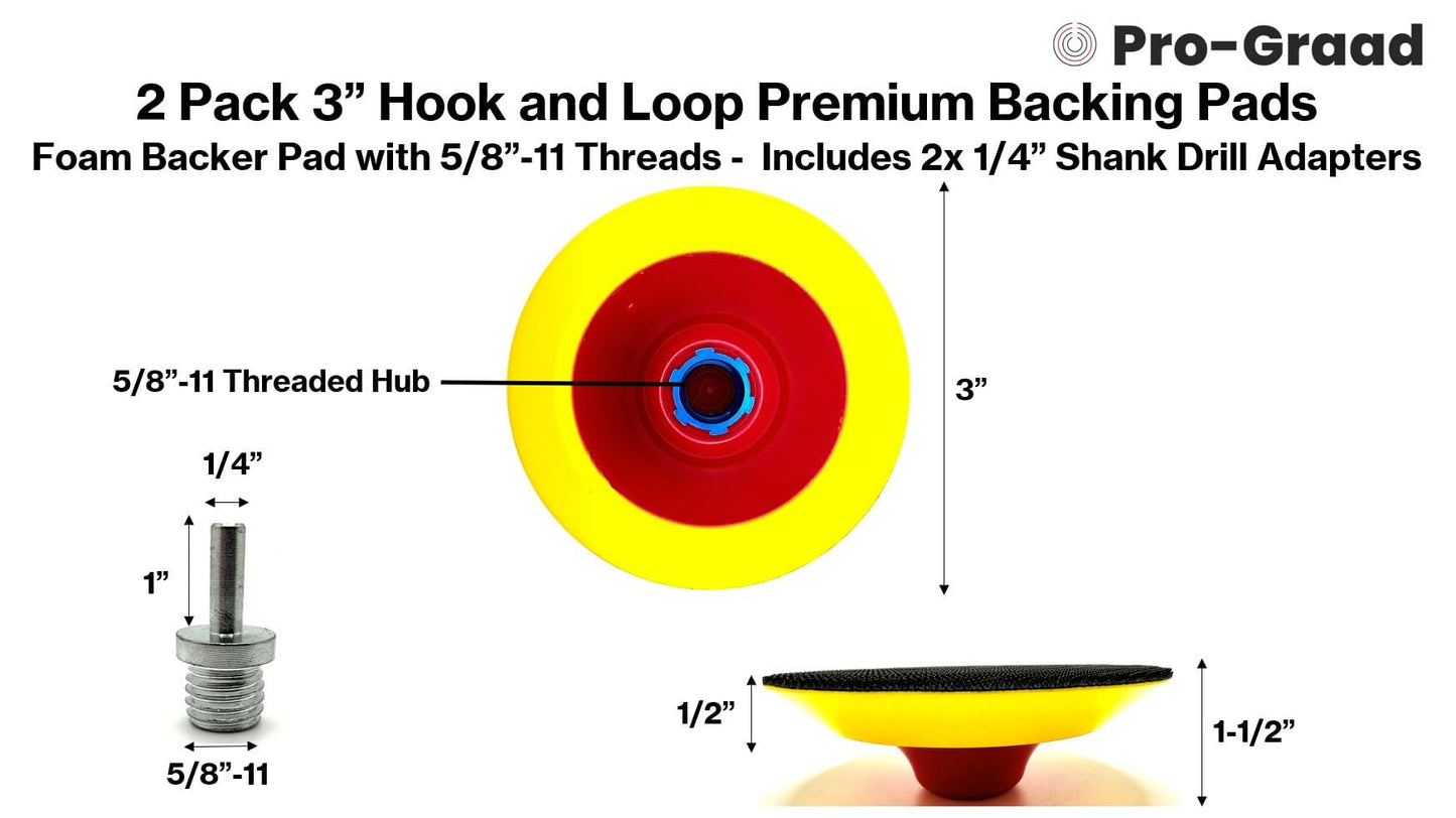 Pro-Graad 2 Pack 3" Premium Hook and Loop Backing Pads Foam Backer Pad with 5/8”-11 – 3 inch Backup Pads for use with Angle Grinder or Drill Sanding Polishing Discs – Includes 2pcs Drill Adapters