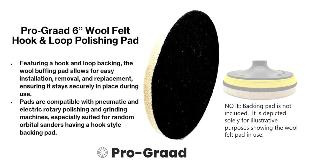Pro-Graad 6" Wool Polishing Pads, 3pcs Wool Felt Polishing Pad Buffing Wheels Flocking Hook & Loop Backing for Random Orbital Sander, Pack of 3