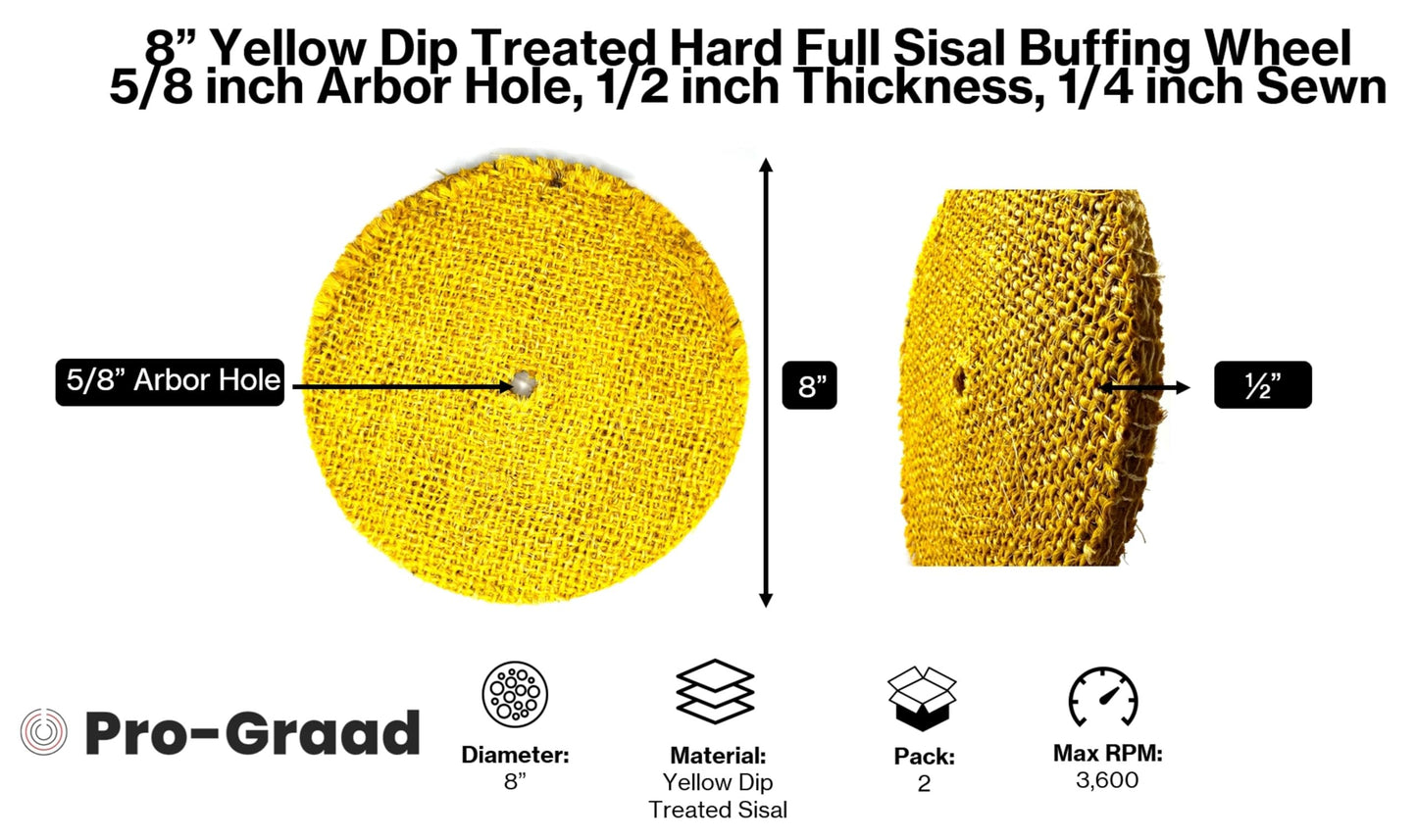 8 inch Yellow Dip Treated Rigid Full Sisal Buffing Wheel, 5/8 inch Arbor Hole, 1/2 inch Thickness, 1/4 inch Sewn, for Cut Buffing Steel, Stainless Steel, Ferrous Metals, 2 Pack