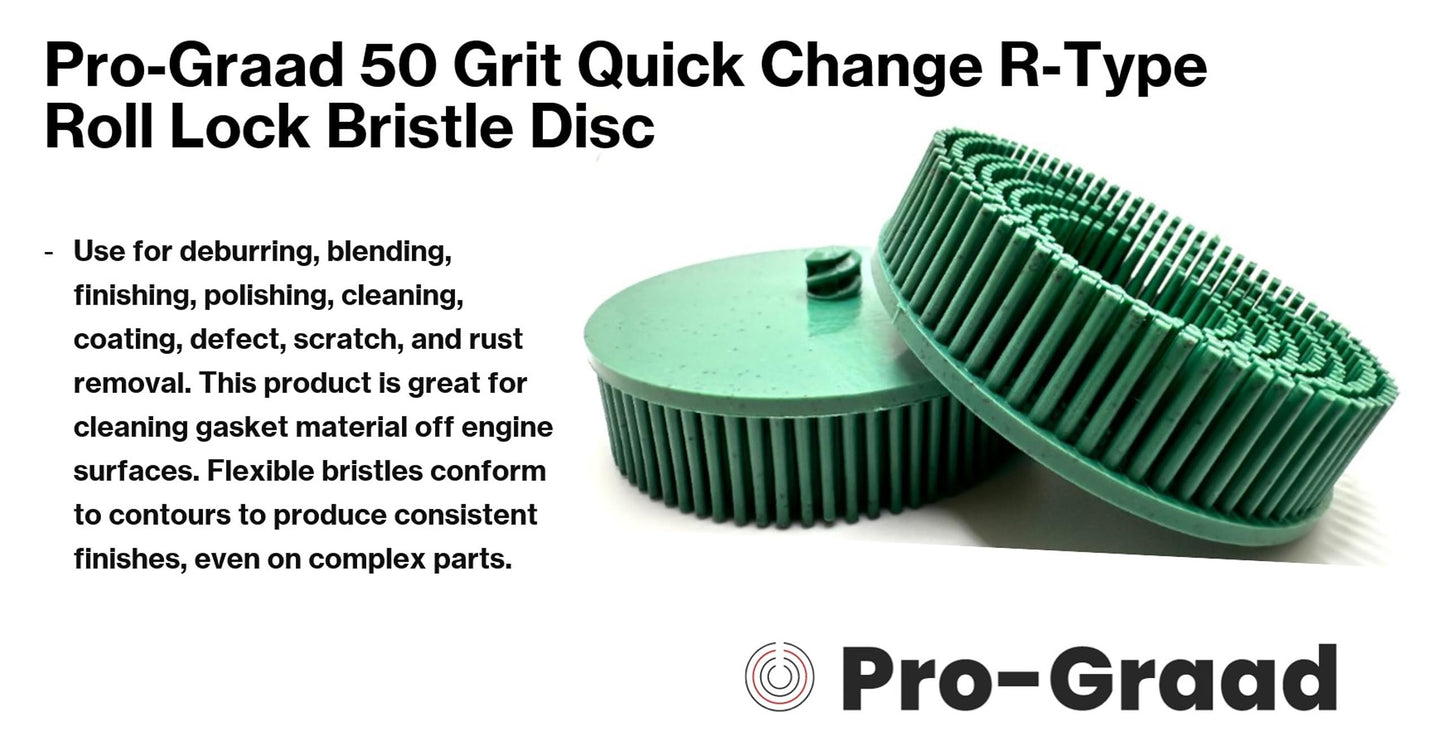 Pro-Graad 10 Pack 3" 50 Grit Green R-Type Bristle Disc | Ceramic-Aluminum Oxide Abrasive Bristle Disc with Quick Change Roll Lock | Pack of 10 | Green