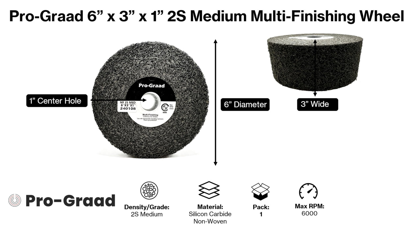 Pro-Graad Multi-Finishing Wheel – 6” x 3” x 1” 2S Medium Grit Silicon Carbide - Stainless Steel Finishing Convolute Wheel 13180 – for #4 Finish - 1 Pack