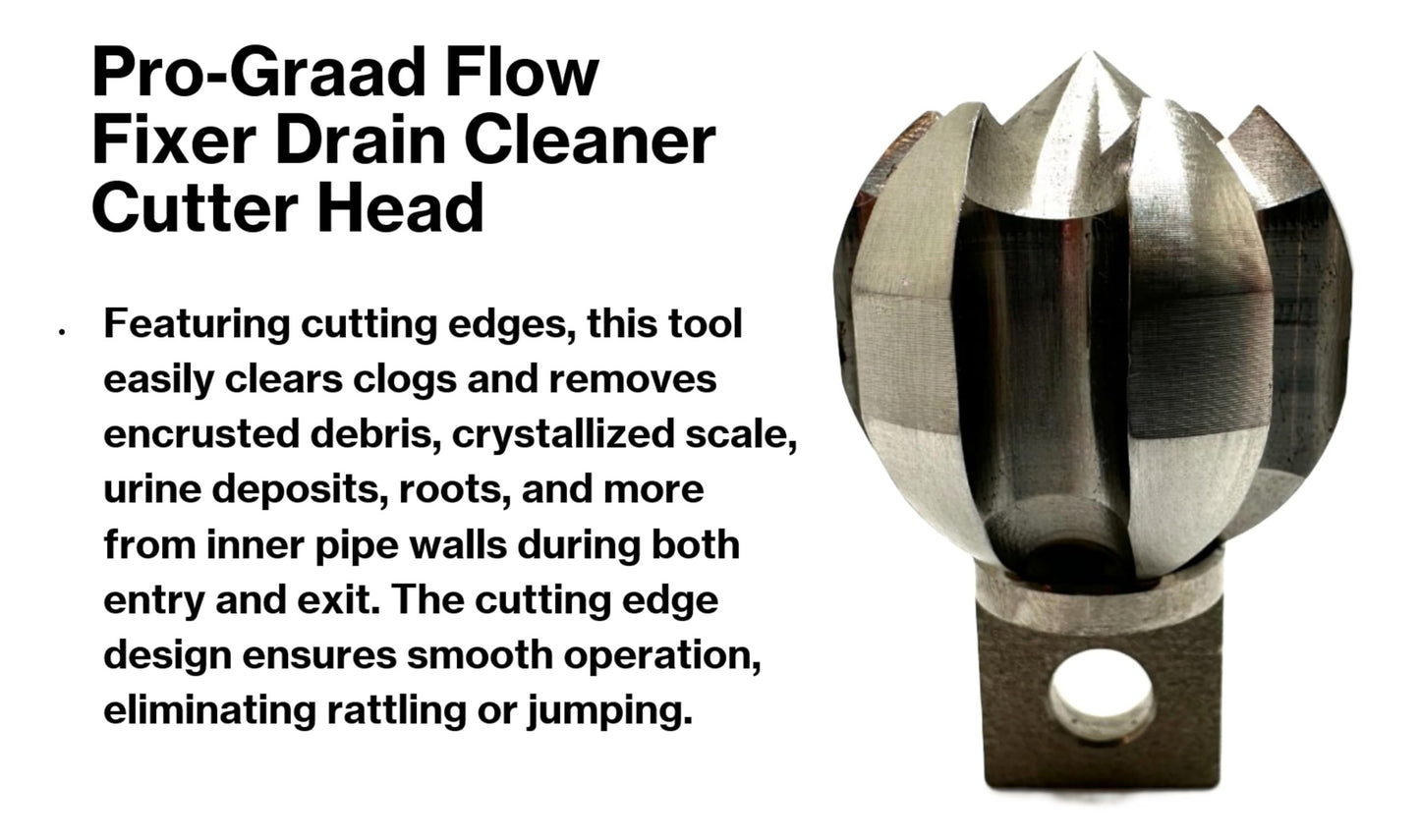 Pro-Graad 1.6” Flow Fixer Drain Cleaner Plumbing Snake Cutter Head for 2" - 3" Pipes, Clears & Scrapes Pipe Inner Walls, Fits 3/8”, 1/2" or 9/16” Cables, for Commercial & Residential Use