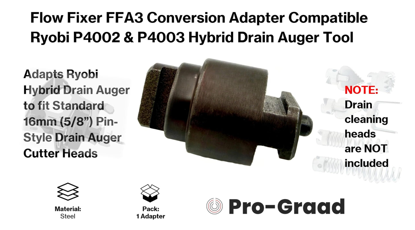 Flow Fixer FFA3 Conversion Adapter Compatible Fit Ryobi Hybrid Drain Auger P4002 & P4003. Enables use of standard 16mm pin-style drain auger cutter heads for increased versatility and performance