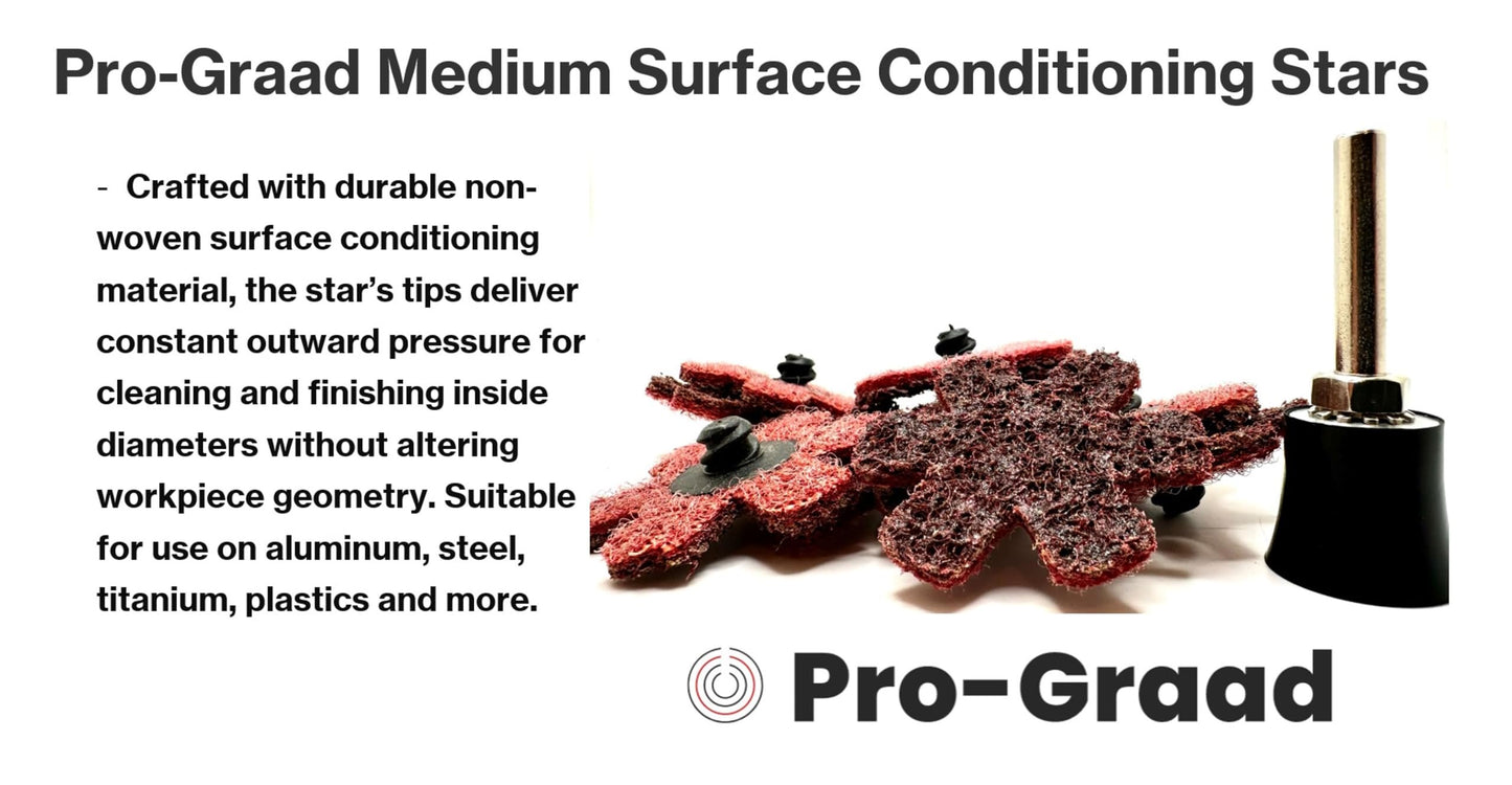 Pro-Graad 10 Pack 2” Medium Quick Change Surface Conditioning Stars, Ideal for Deburring, Polishing, Blending inside of cylinders, pipe, tubing, Excels on Aluminum, Steel, Titanium - Includes Holder