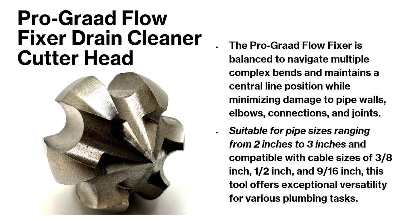 Pro-Graad 1.6” Flow Fixer Drain Cleaner Plumbing Snake Cutter Head for 2" - 3" Pipes, Clears & Scrapes Pipe Inner Walls, Fits 3/8”, 1/2" or 9/16” Cables, for Commercial & Residential Use