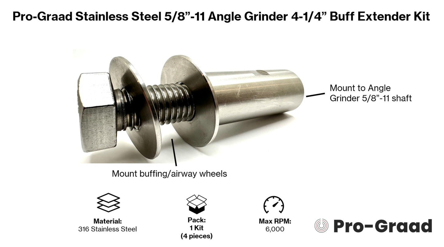 Pro-Graad Stainless Steel 5/8”-11 Angle Grinder Buff Extender Kit, Airway Buffing Polishing Wheel 4-1/4” Extension Shaft, Threaded Arbor Extension Adapter, for Angle Grinders