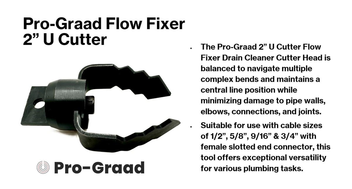 Pro-Graad 2” U Cutter Flow Fixer Drain Cleaner Plumbing Snake Head, for Cutting & Scraping, Fits 1/2" 9/16" 5/8" 3/4" Cables, Commercial & Residential Use