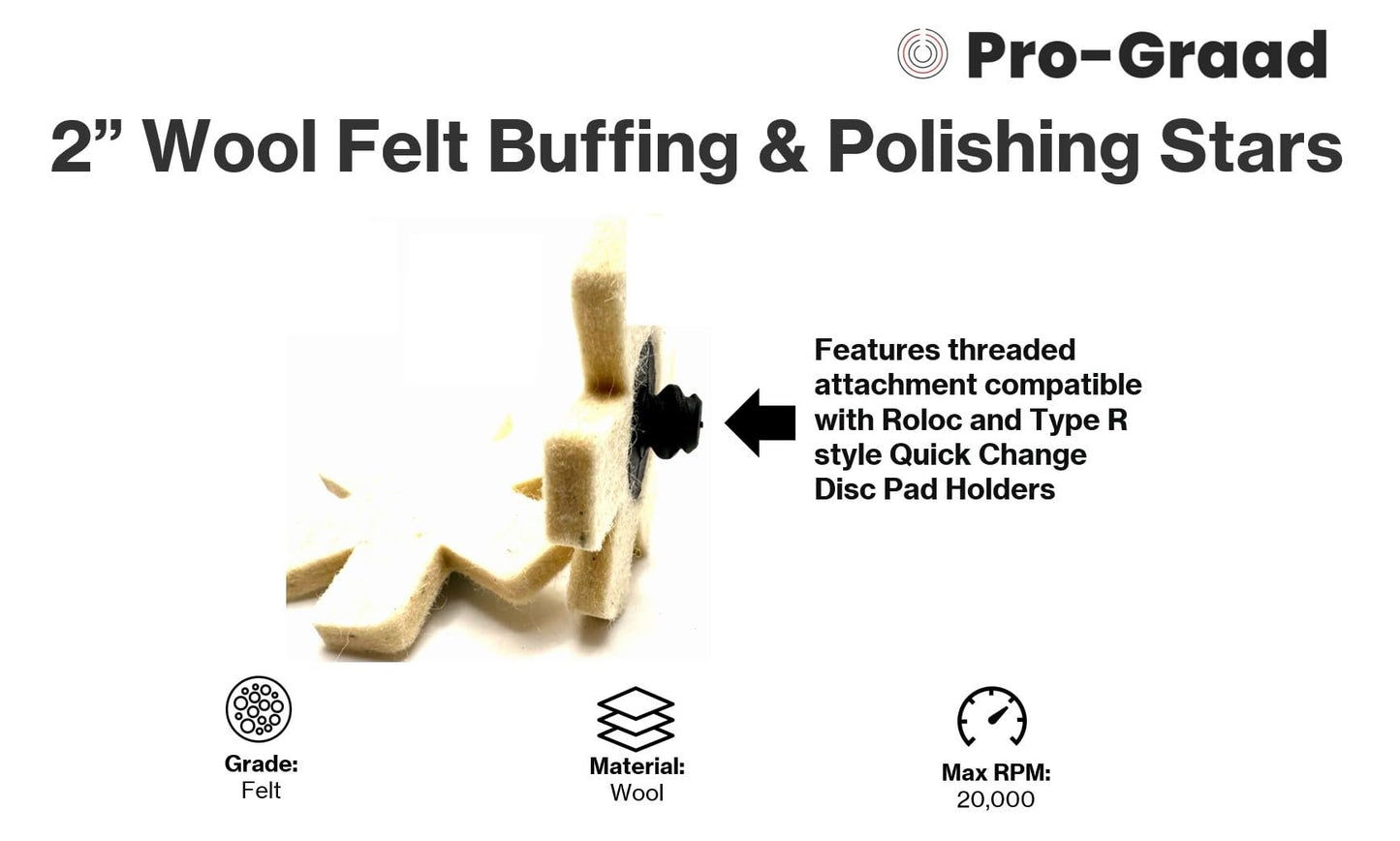 Pro-Graad 10 Pack 2” Wool Felt Buffing & Polishing Stars, Ideal for Buffing & Polishing inside of cylinders, pipe, tubing, Excels on Aluminum, Steel, Titanium - Includes Holder