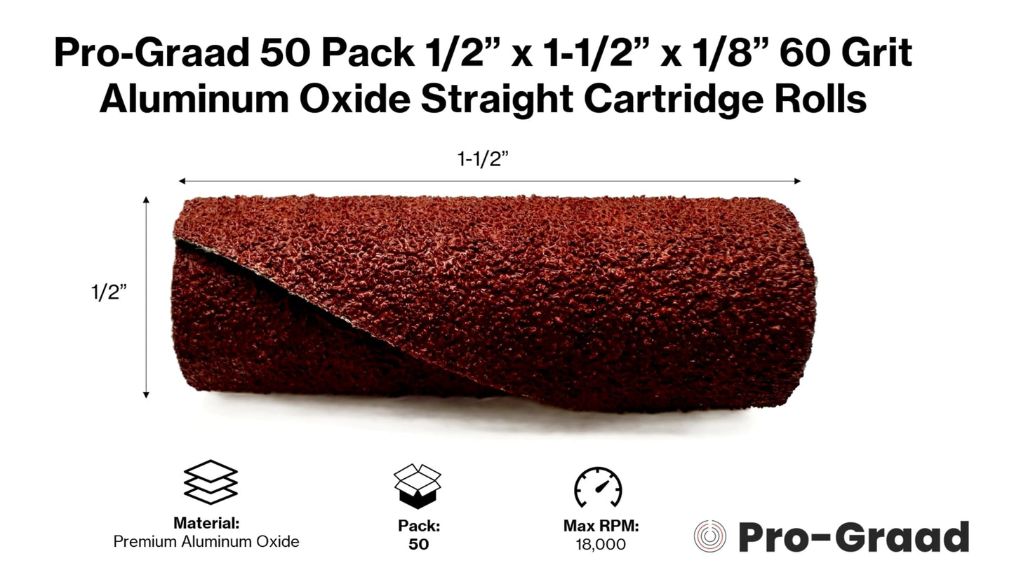 Pro-Graad 1/2” Diameter x 1-1/2” Length x 1/8” Pilot Hole 60 Grit Aluminum Oxide Straight/Untapered Cartridge Roll, 50 Pack, Includes 1x CR-9 Mandrel