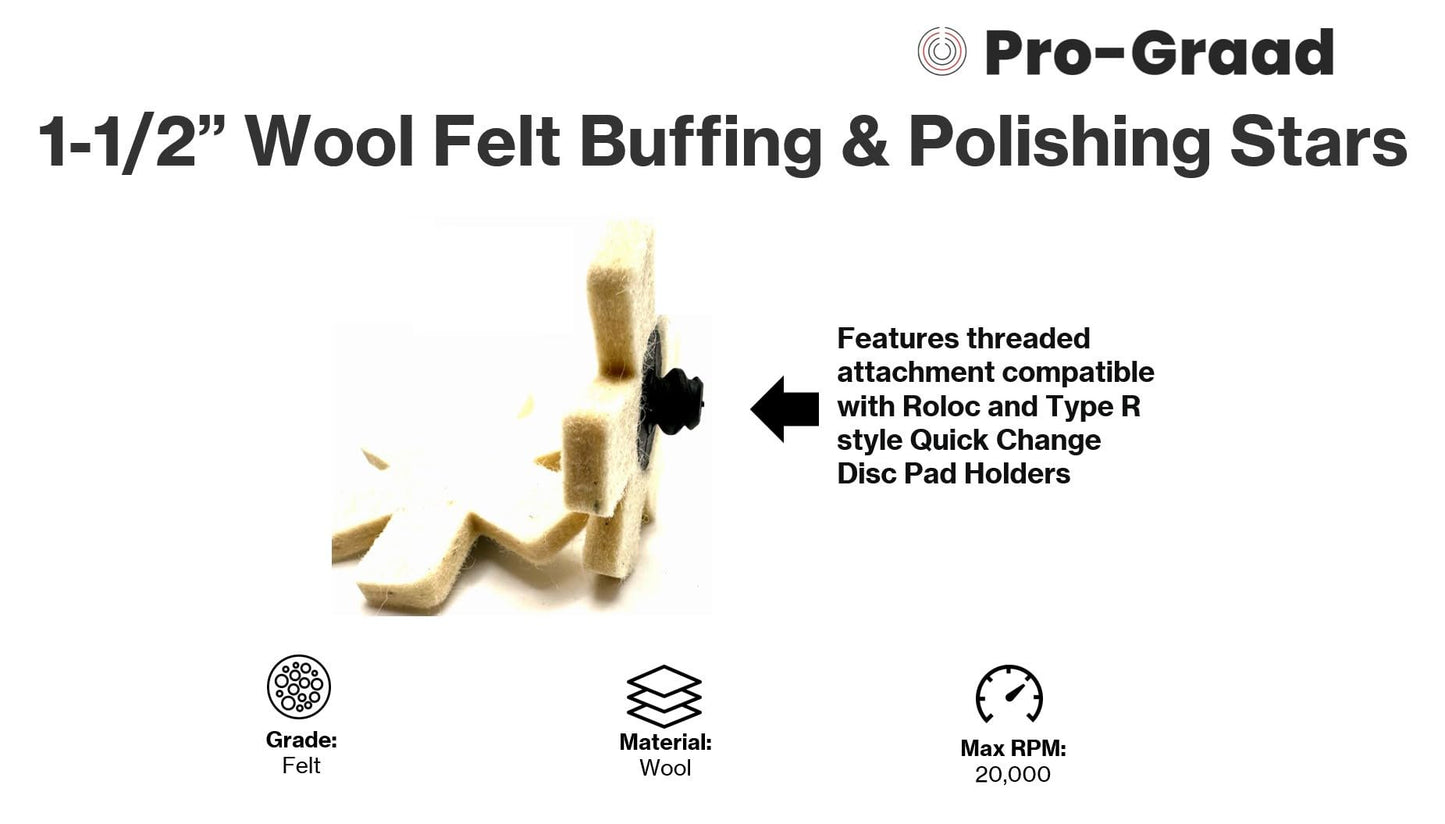 Pro-Graad 10 Pack 1-1/2” Wool Felt Buffing & Polishing Stars, Ideal for Buffing & Polishing inside of cylinders, pipe, tubing, Excels on Aluminum, Steel, Titanium - Includes Holder