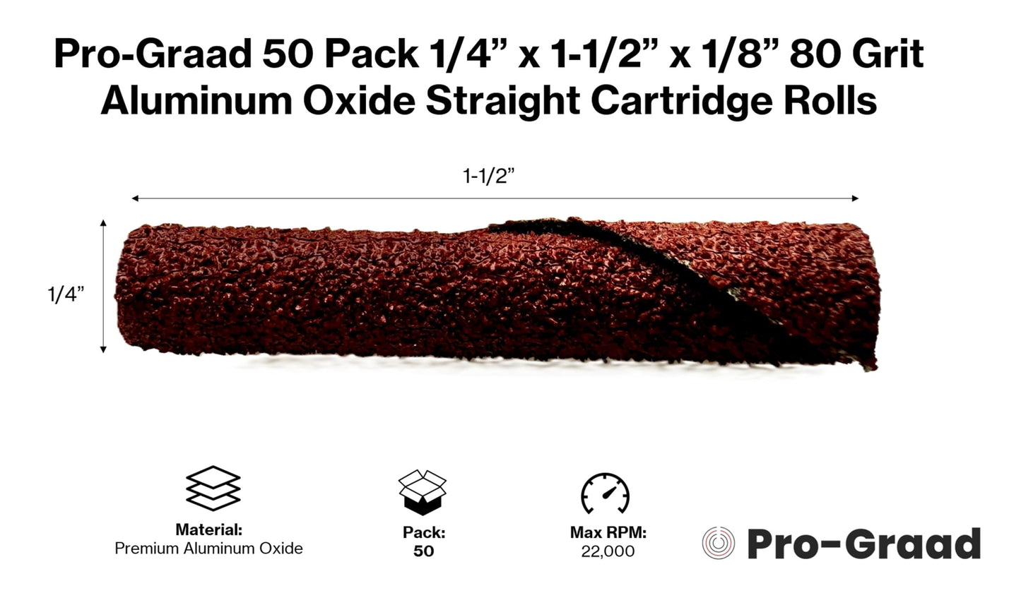 Pro-Graad 1/4” Diameter x 1-1/2” Length x 1/8” Pilot Hole 80 Grit Aluminum Oxide Straight/Untapered Cartridge Roll, 50 Pack, Includes 1x CR-9 Mandrel
