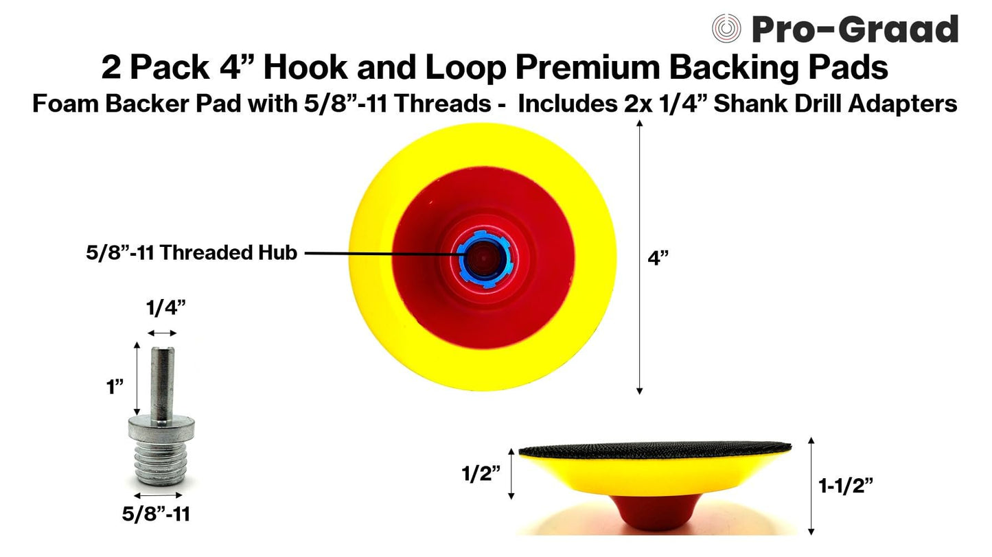 Pro-Graad 2 Pack 4" Premium Hook and Loop Backing Pads Foam Backer Pad with 5/8”-11 – 4 inch Backup Pads for use with Angle Grinder or Drill Sanding Polishing Discs – Includes 2pcs Drill Adapters