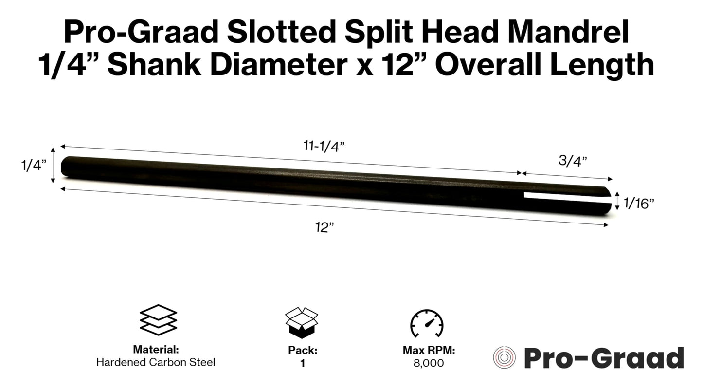 Pro-Graad SM-12 12” Slotted Mandrel 1/4” Shank & Body, Split Head Mandrel, Sanding Internal Holes, 1/4” Shank Diameter x 12” Overall Length, Pack of 1