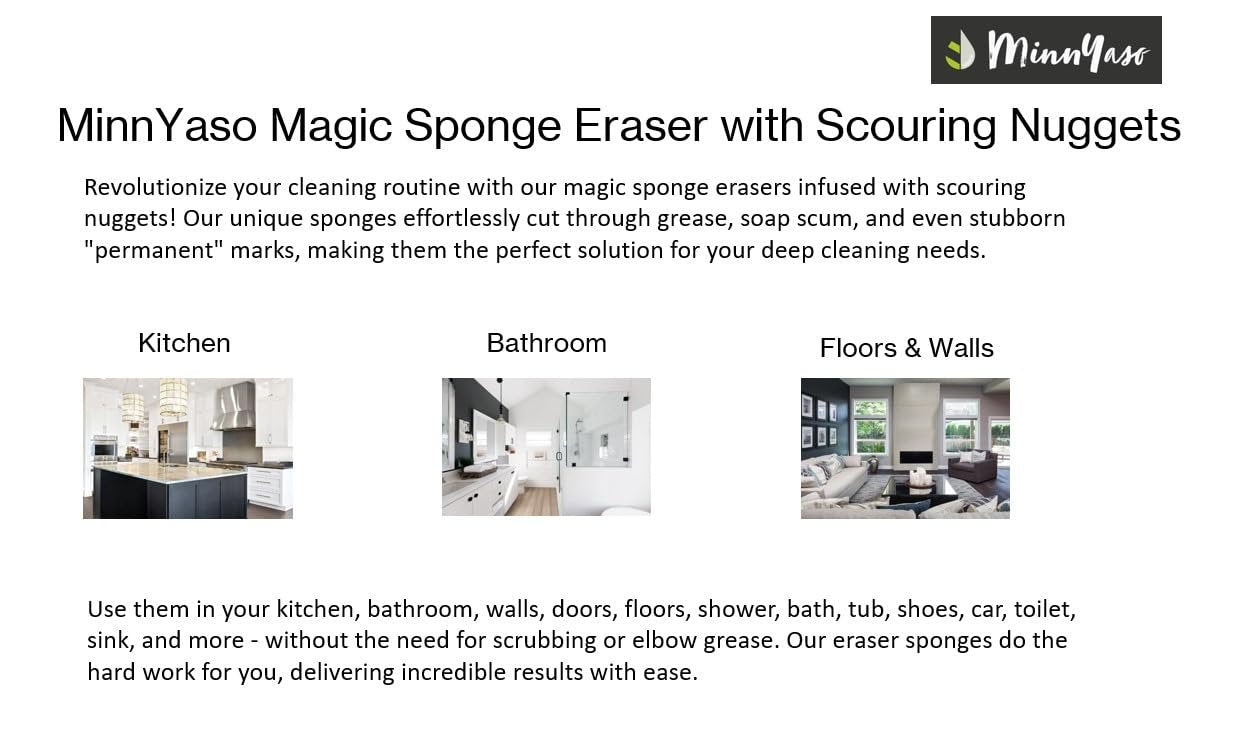 MinnYaso 12 Pack 4.6” x 2.5” x 3/4” Magic Sponge Erasers infused with Scouring Nuggets, 10x Durability vs Traditional Erasers, Advanced Cleaning for Bathroom Kitchen Floors