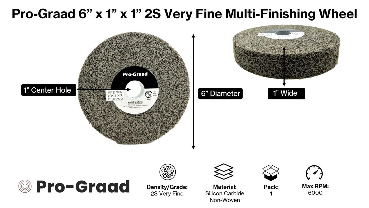 Pro-Graad Multi-Finishing Wheel – 6” x 1” x 1” 2S Very Fine Grit Silicon Carbide - Stainless Steel Finishing Convolute Wheel  – for #4 - #5 Finish - 1 Pack