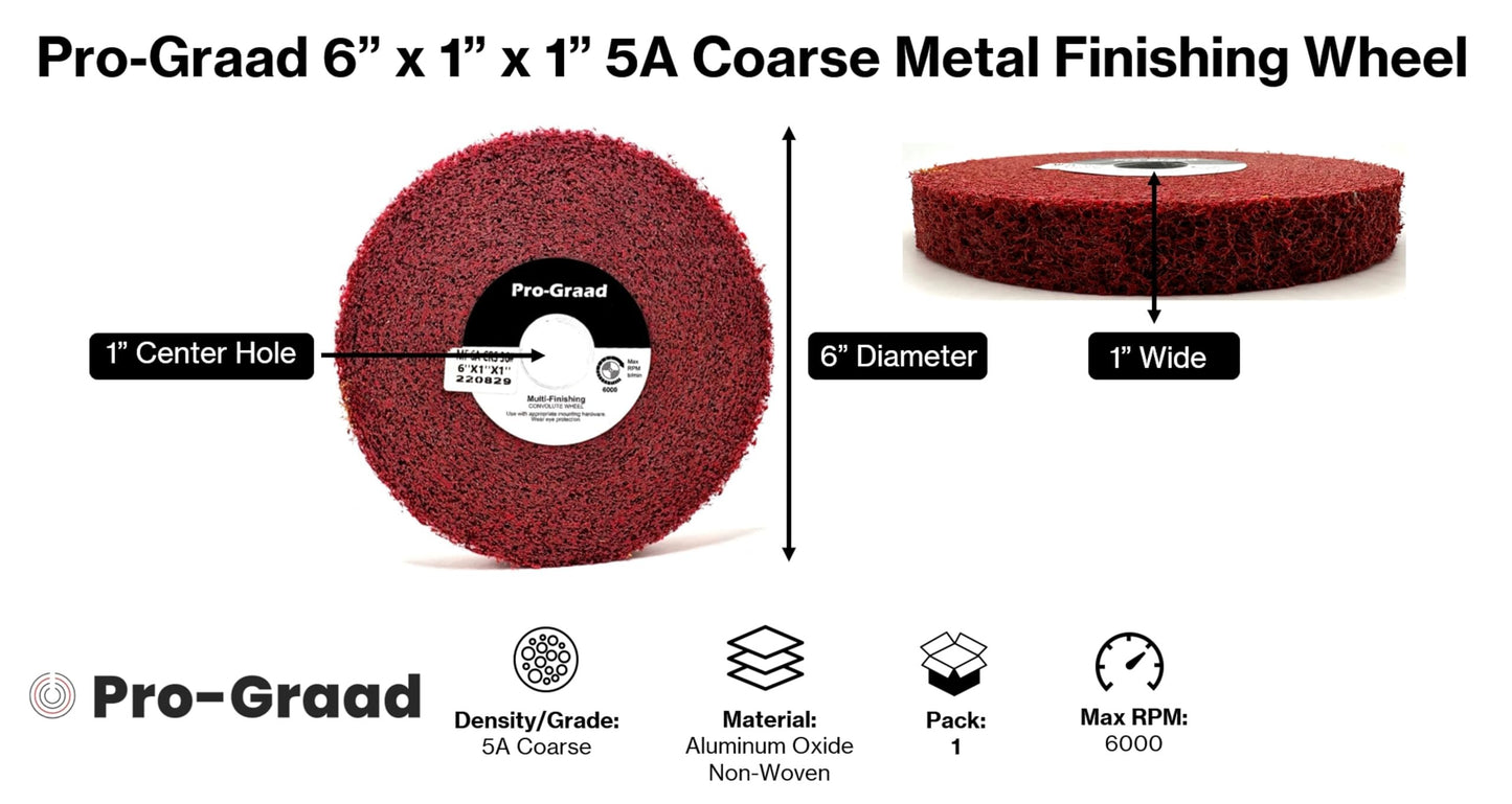 Pro-Graad Metal Finishing Wheel – 6” x 1” x 1” 5A Coarse – Aluminum Oxide – Maroon Metal Finish Convolute Wheel – for #3 Brush, Satin and Mill Finishes – 01863 - Pack of 1