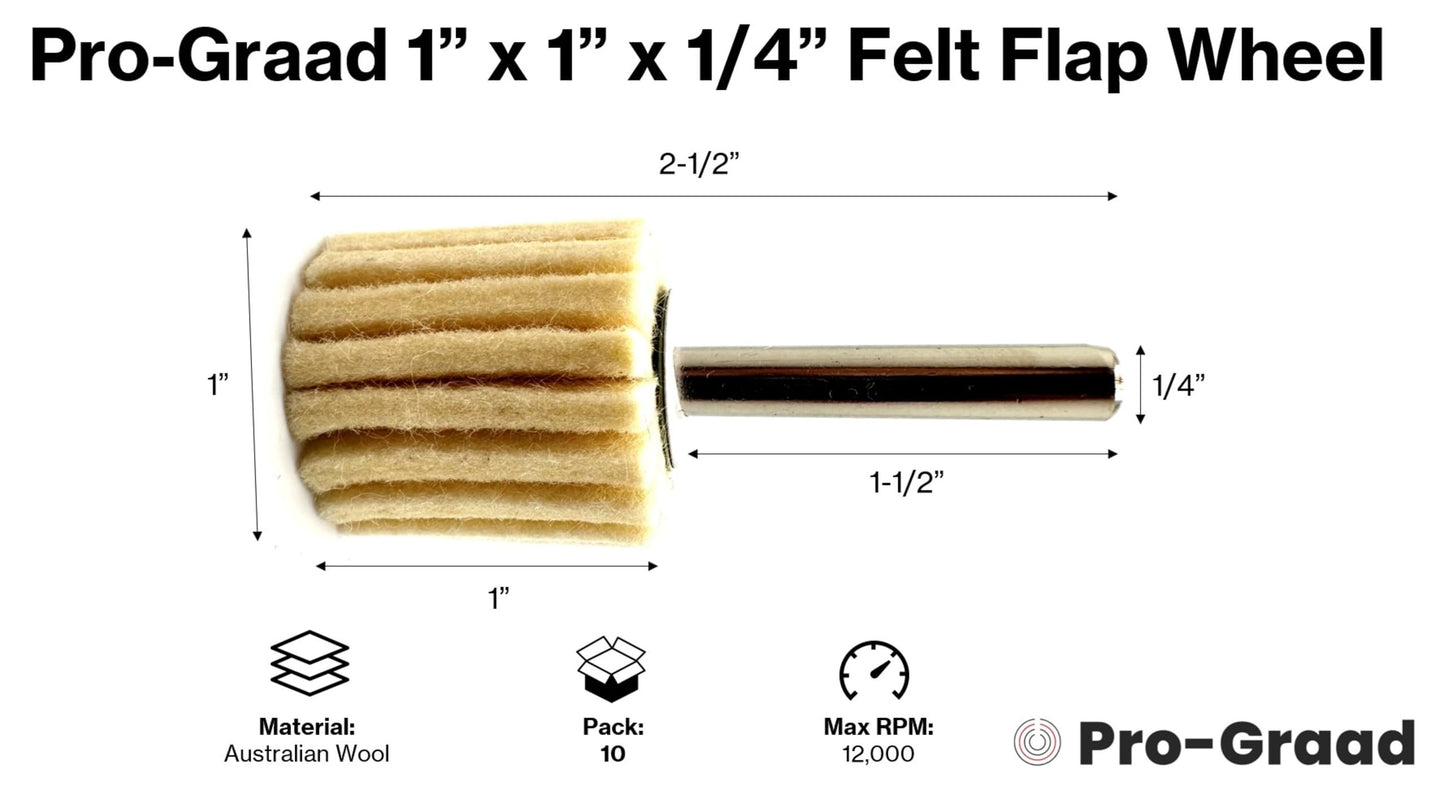 Pro-Graad 10 Pack 1" X 1" Felt Flap Wheel with 1/4" Shank Mounted, Perfect for Surface Finishing, Polishing, Buffing Plastics, Stone, Glass, Steel, Stainless, Aluminum and more, Pack of 10