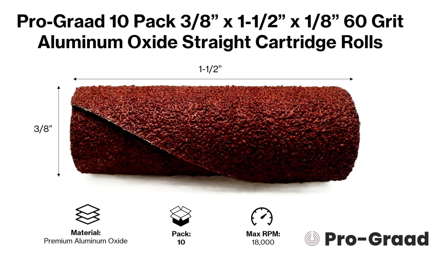 Pro-Graad 3/8” Diameter x 1-1/2” Length x 1/8” Pilot Hole 60 Grit Aluminum Oxide Straight/Untapered Cartridge Roll, 10 Pack, Includes 1x CR-9 Mandrel