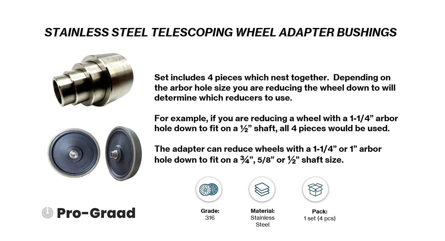 Pro-Graad 3/4” Thick Reducing Bushing Adapter | Premium Stainless Steel Reducer Bushing for Bench Grinding Wheels with 1-1/4” or 1” Arbor Hole Reduce to 3/4”, 5/8” or 1/2" Shaft (For 3/4" Wide Wheels)