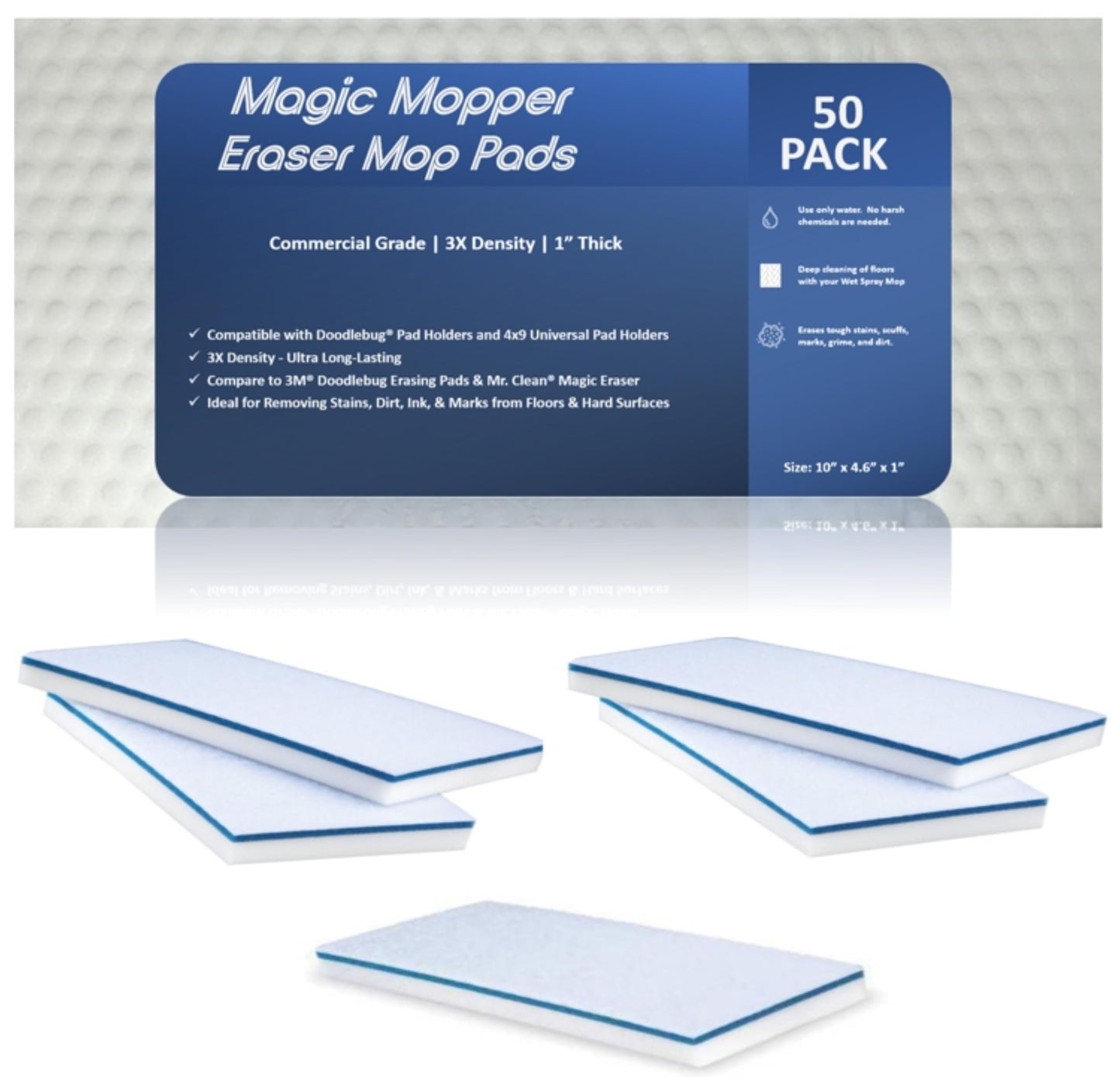 Magic Mopper 4610 Eraser Pads - 50 Pack 4.5" x 10" x 1" Commercial Grade Melamine Sponges for Floor, Tile, Grout, Baseboard, Walls-Durable & Versatile Cleaning - Pack of 50